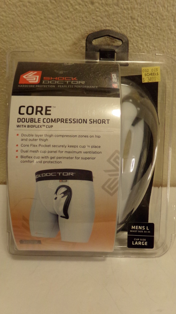 Shock Doctor Core Double Compression Shorts w Bioflex Cup, LARGE, 34-36 (White)