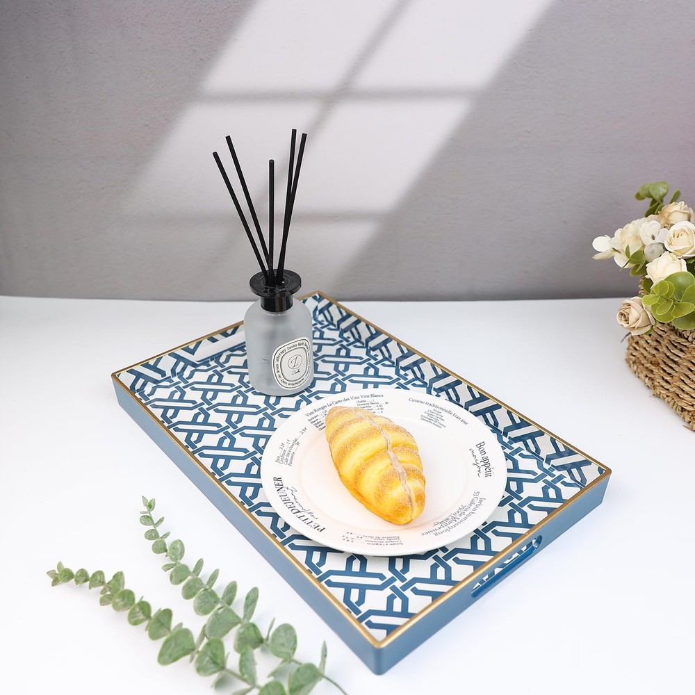 White Plastic Marbling Rectangular Decorative Serving Tray 15.6x10.2 Inch