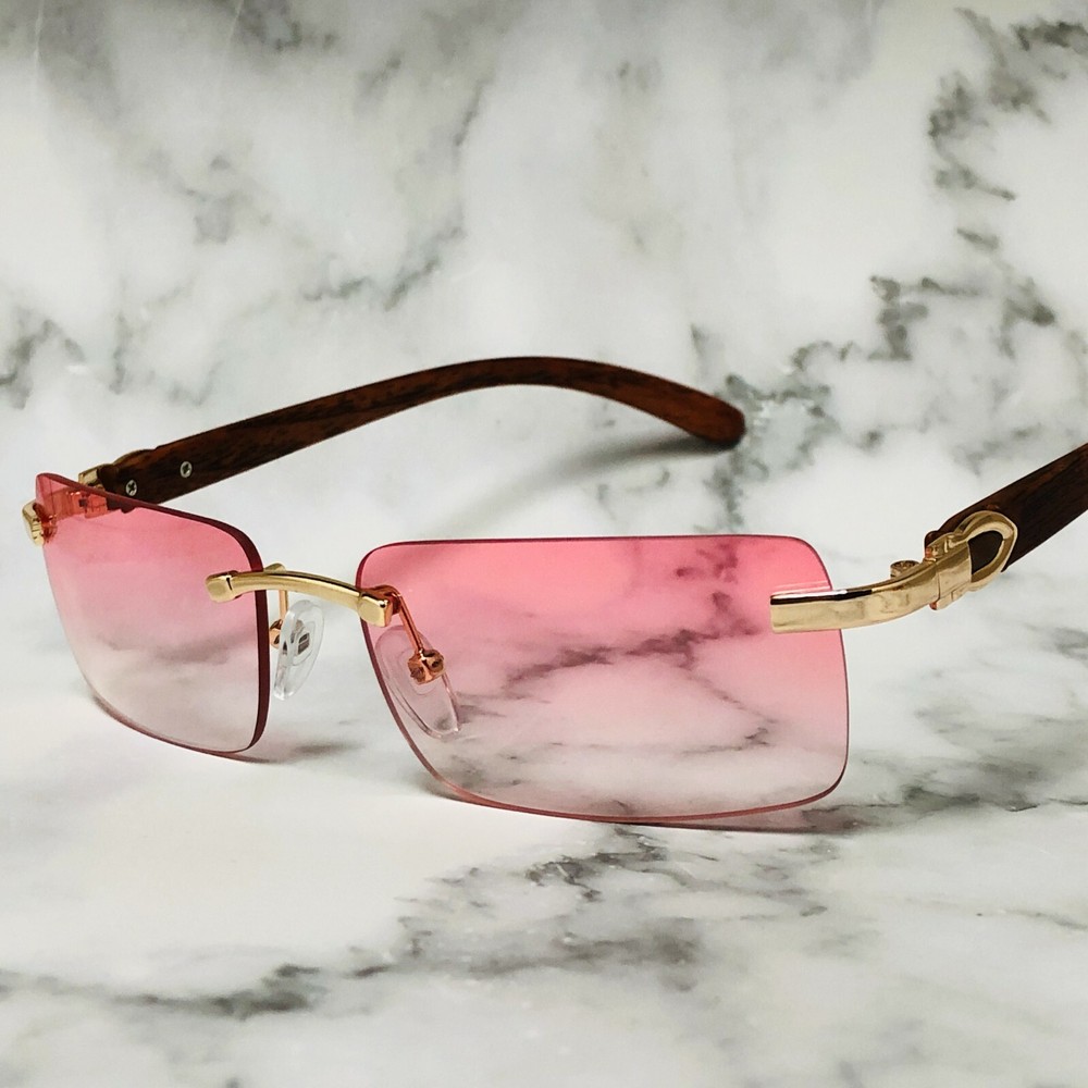 Mens Sunglasses Small Rectangular Hip Hop Rapper Gold Clear Lens Square Rimless