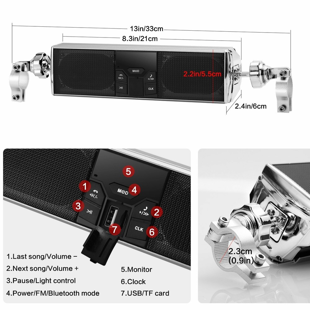 Motorcycle Bluetooth Stereo Speaker Audio MP3 USB Sound System with APP Control