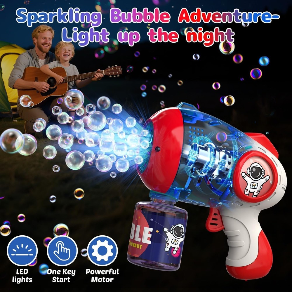 Bubble Machine Blasters for Kids - 2 Pack with LED Lights & 4 Bubble Bottles