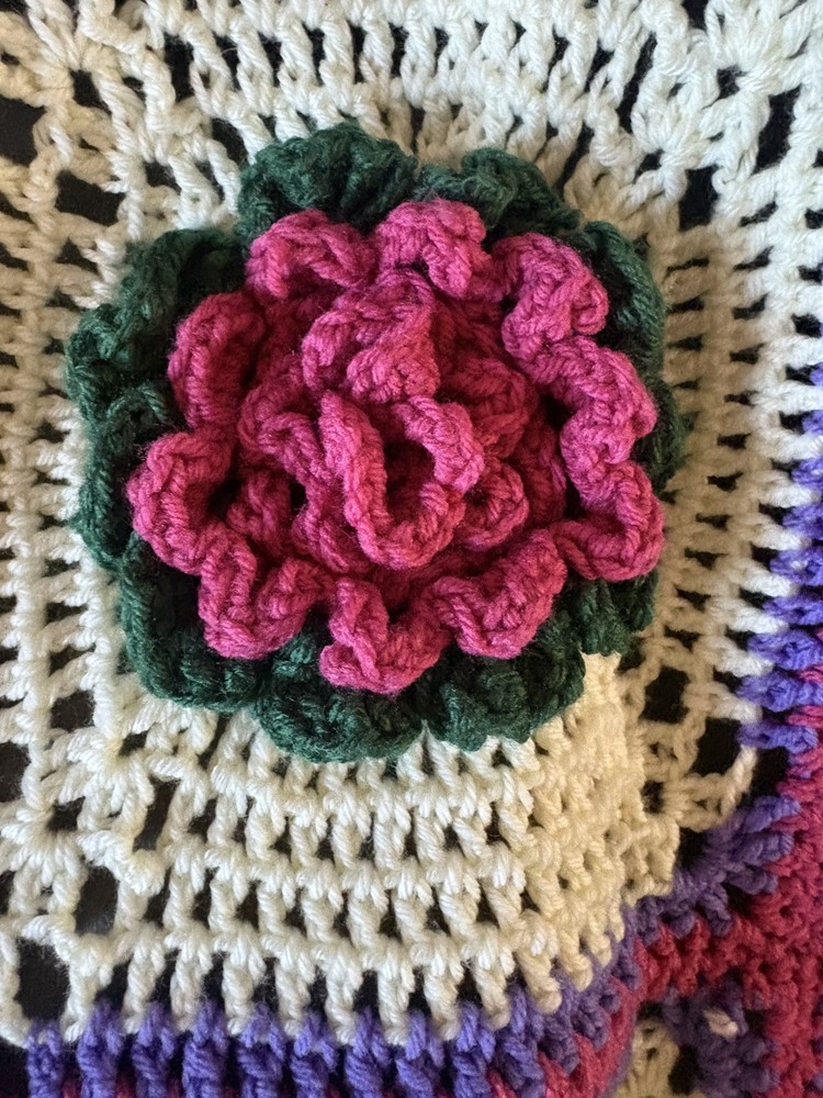 Granny Square Rose Pattern Pink Purple and White Afghan