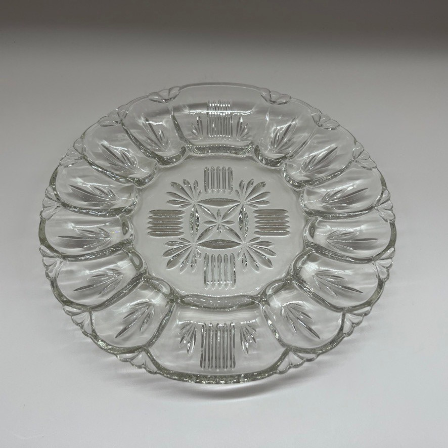 Vintage Indiana Glass Deviled Egg Platter 14 Well Clear Sunburst Pattern 10.75"