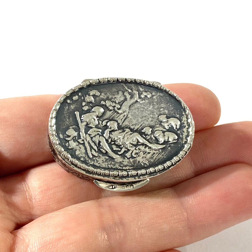 Antique Solid Silver Italian Pillbox , Hallmarked with romantic scene