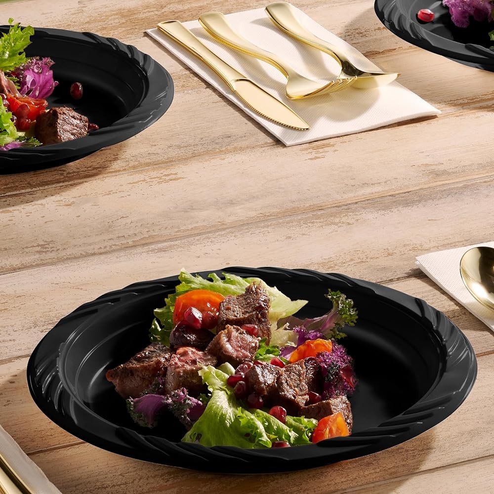 200 Bla Plastic Plates Set - 9 Inch Disposable Dinner Plates Bulk