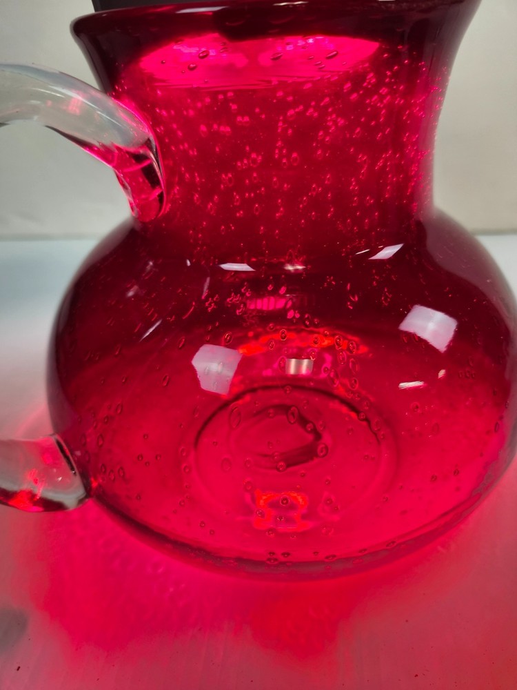 Artland Iris Ruby Red Hand Blown 80 oz Pitcher – 7.25" Tall, Seeded Bubbles