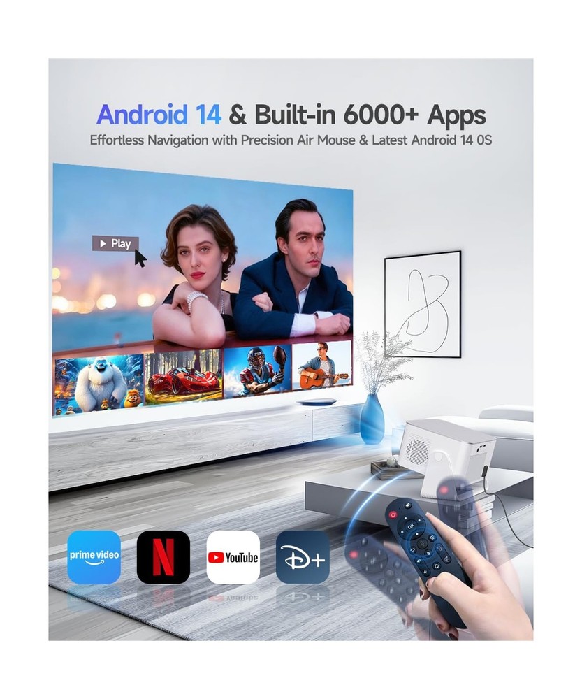 Android 14 Mini Projector with 4K 8K Support, Smart Projector with Wifi and B...