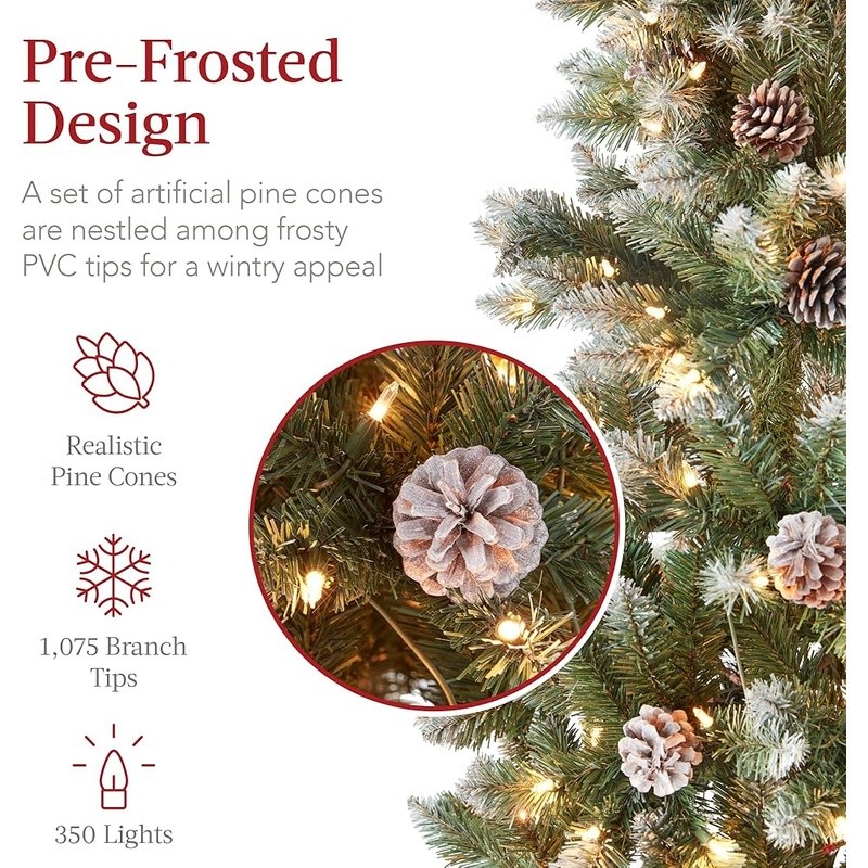 Prelit Flocked Christmas Tree Slim Profile Space Saving Pinecones Winter Decor