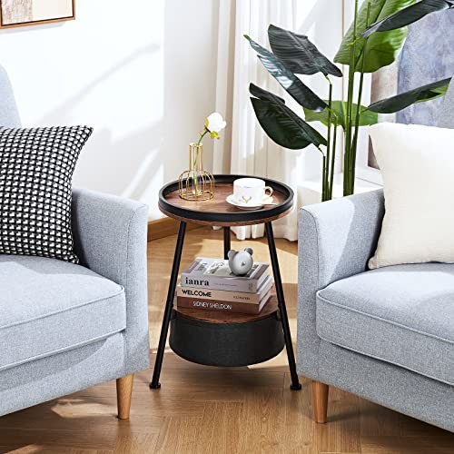 Round End Table, Round Side Table with Storage Rustic Brown