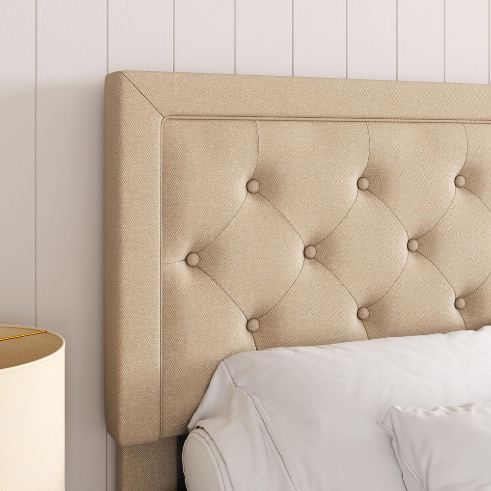 Queen Size Button Tufted/Fabric Upholstered Bed Frame with Adjustable Headboa...