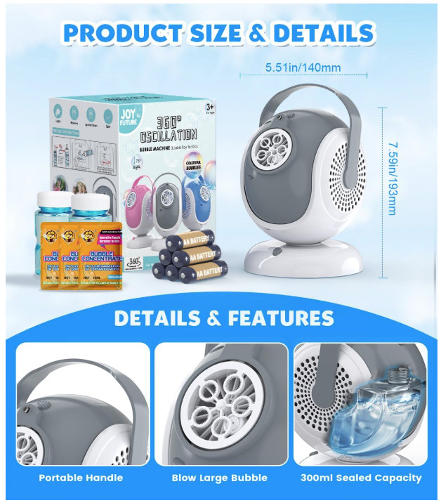 Bubble Machine - Automatic Bubbles Blower for Kids, Toddlers - 360° Oscillation