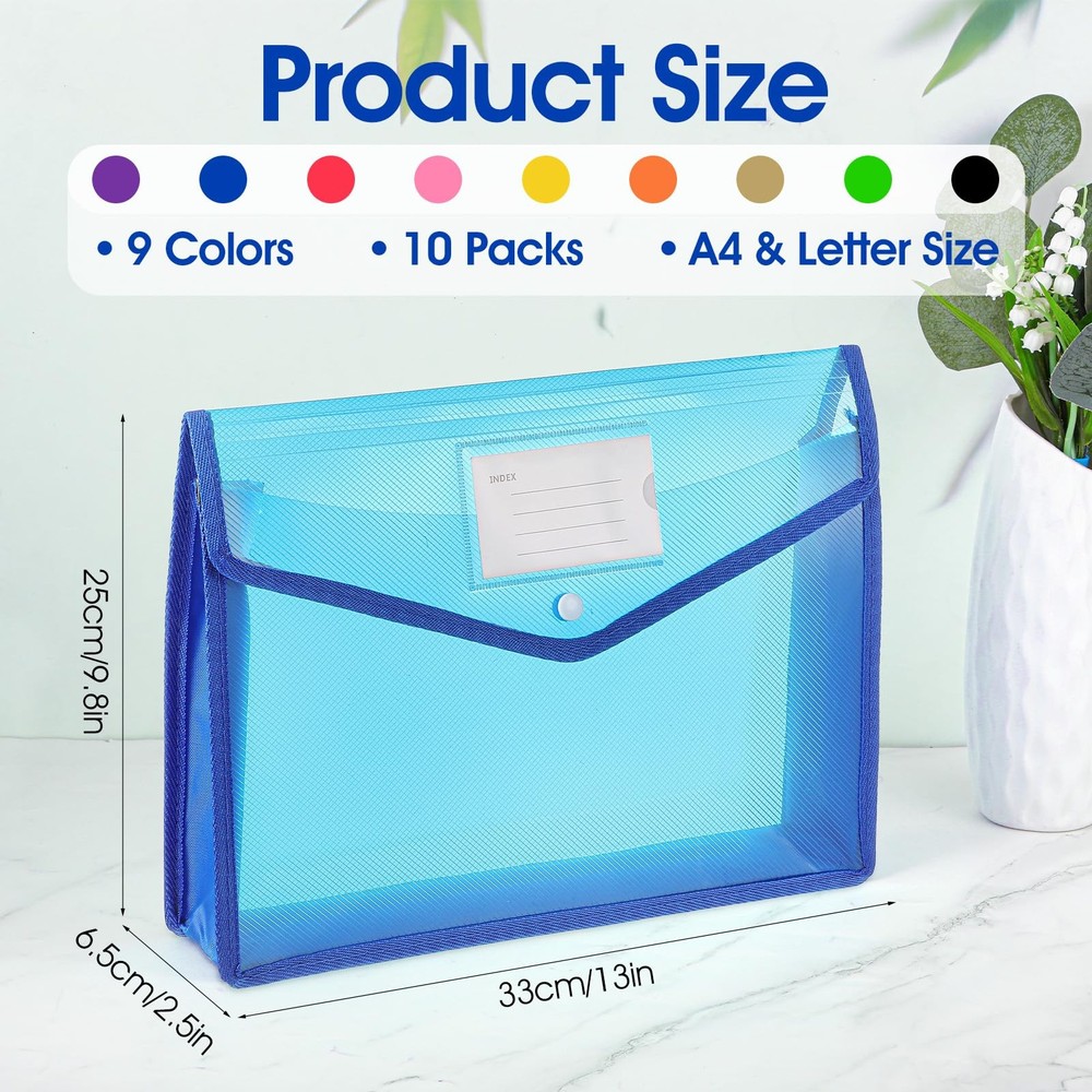 10 Pack Plastic Expanding File Folders, A4 Size Waterproof Documents Organize...