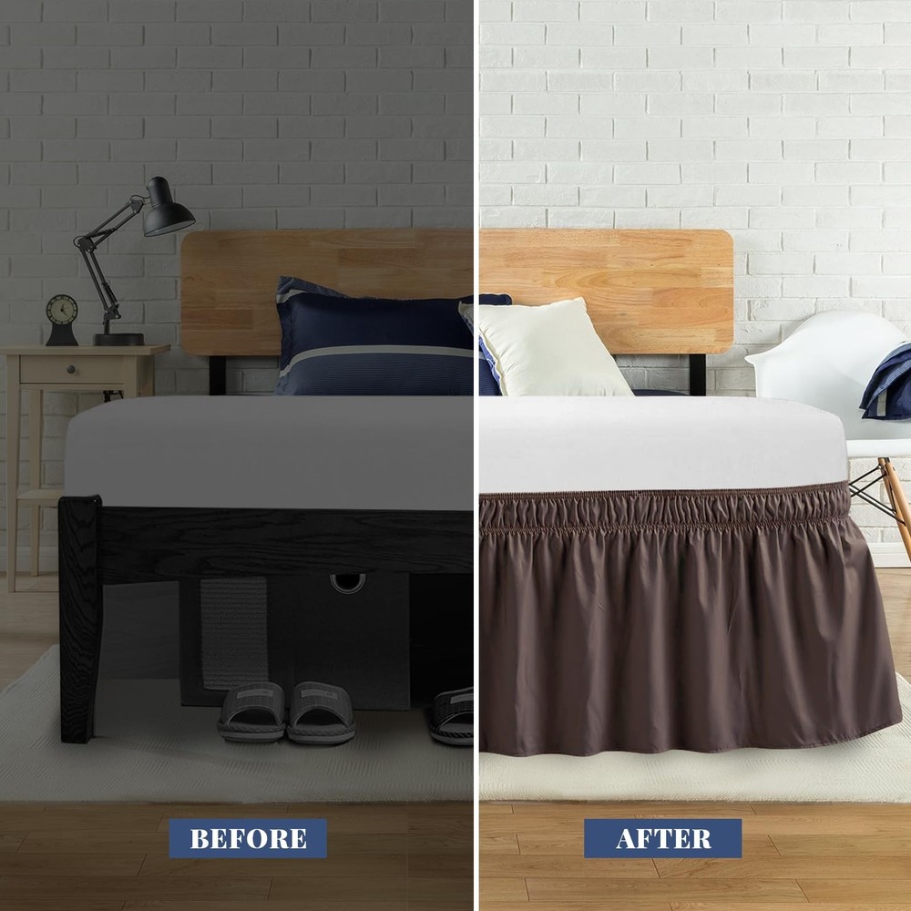 ANARACHON King Bed Skirt, Elastic Wrap Around 14" Drop, Solid Brown