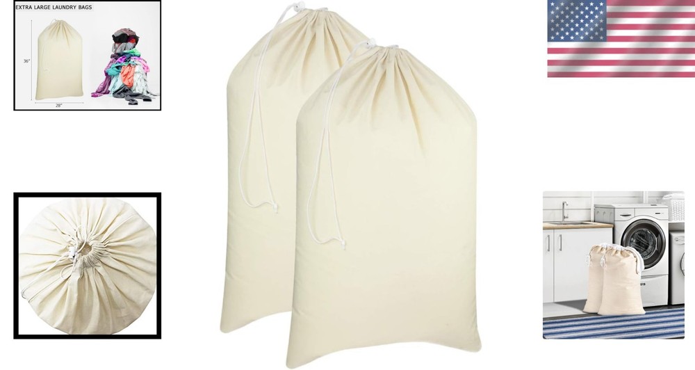 Eco-Friendly 2 Pack Extra Large Cotton Laundry Bags - Versatile & Durable