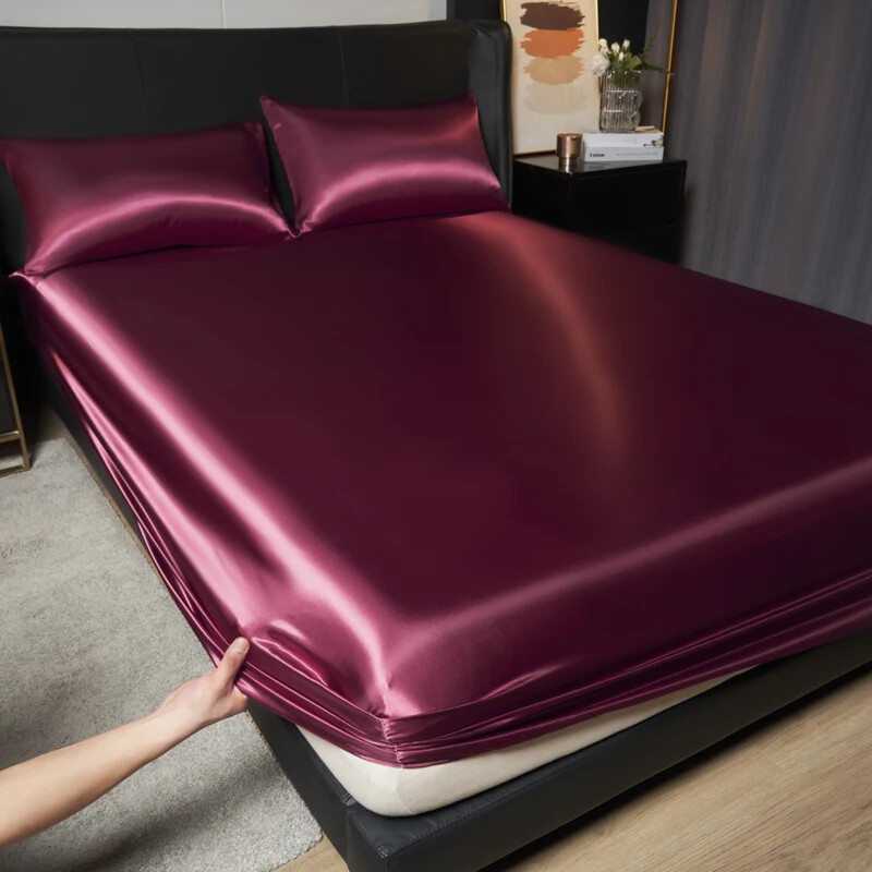 1Pc Satin Fitted Sheet Solid Color Mattress Cover With Elastic Band Bed Sheet