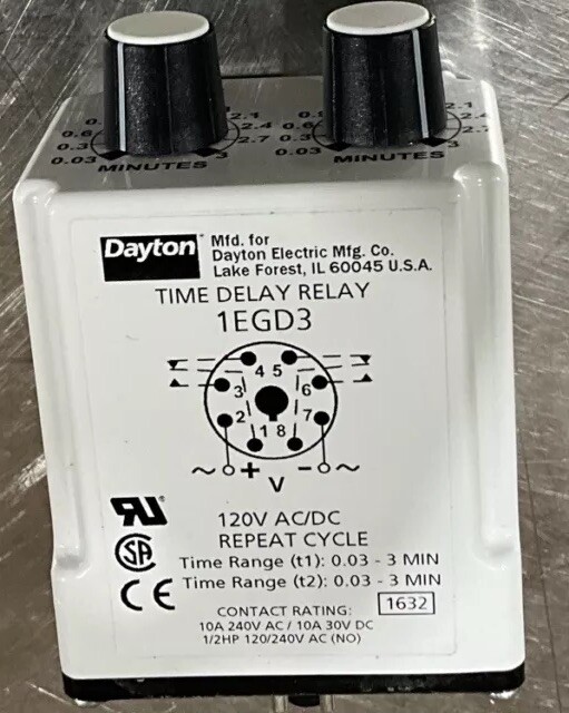 Dayton 1Egd3 Time Delay Relay, 120Vac/Dc, 10A, Dpdt, Max. Time Setting - Timer:
