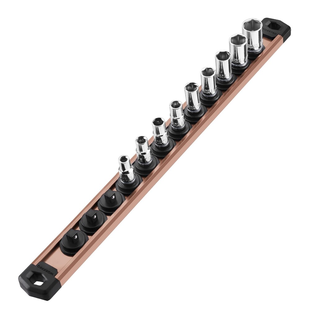 WORKPRO 1/4" Drive Magnetic Socket Organizer 12 Clips Aluminum Alloy Socket Rail