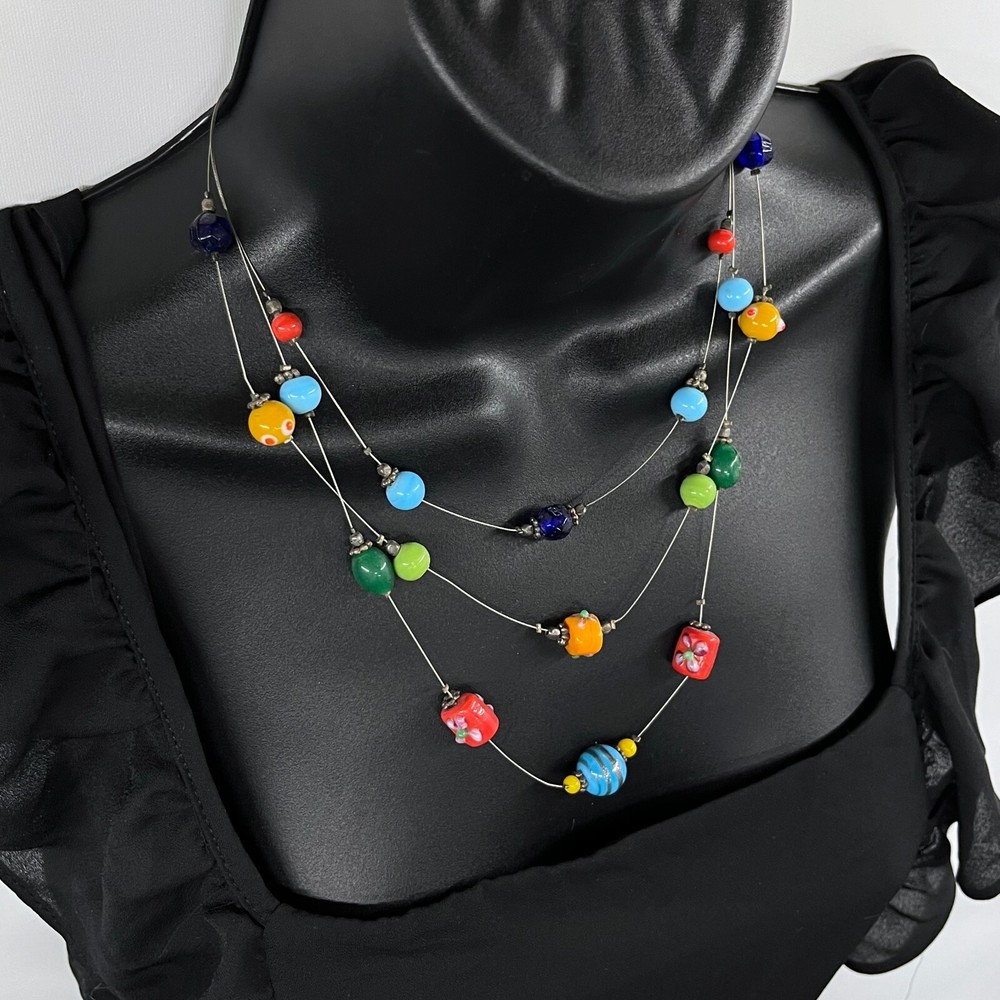 Multicolor Beaded Triple-Strand 15" Necklace Silver-Tone Wire Handmade