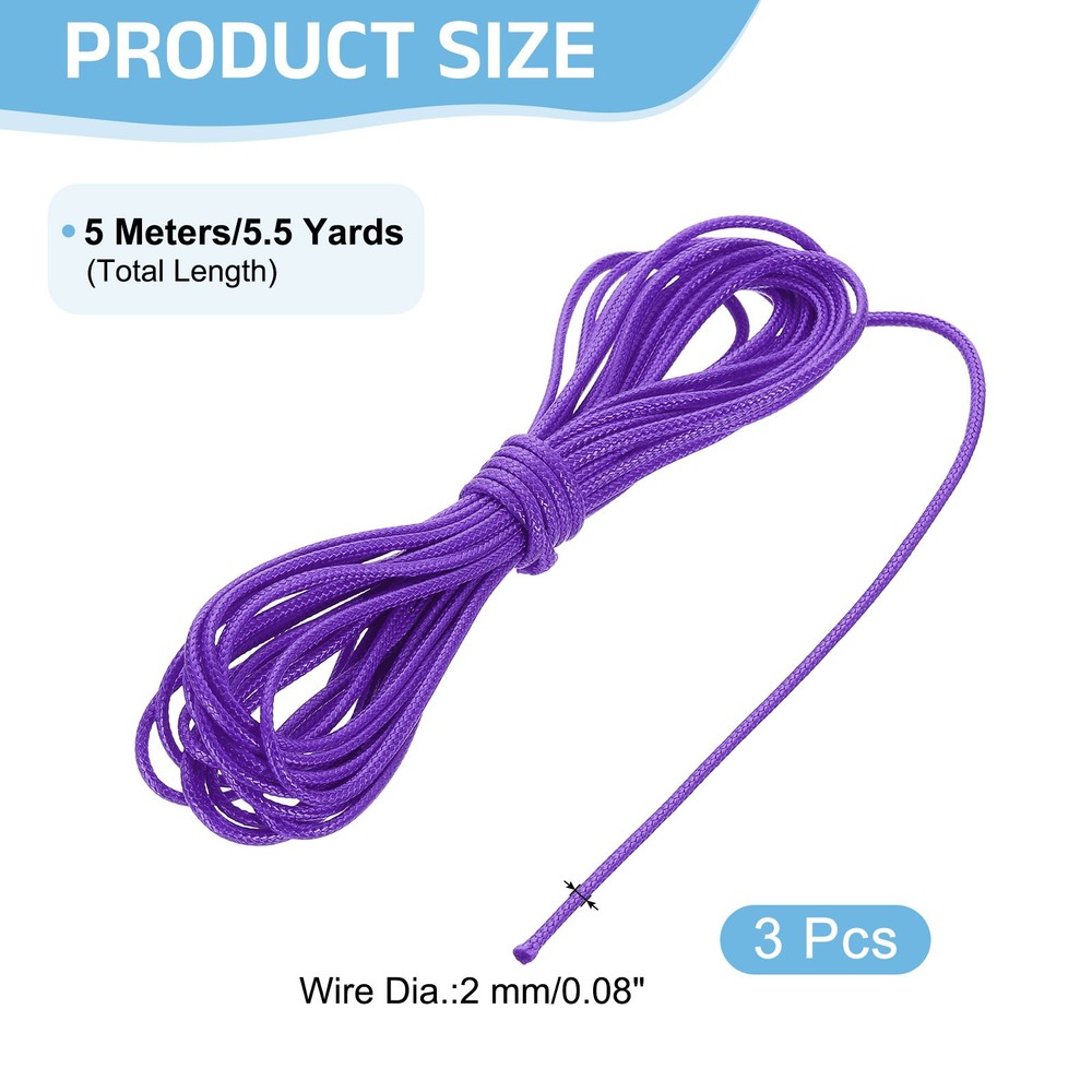3Pcs Waxed Polyester Cord, 5.5 Yard 2mm Wax Bead Thread String, Dark Purple