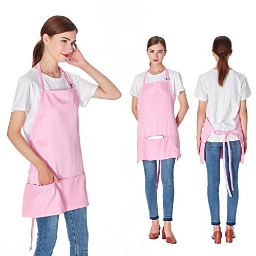 2 Pack 3 Pockets Adjustable Bib Apron Chef Kitchen Cooking Polyester Pink