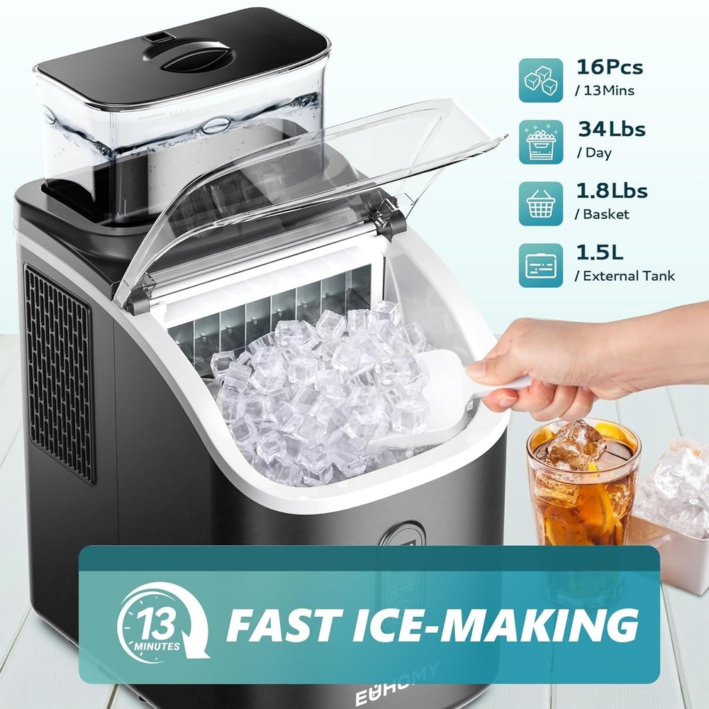 Rapid 16-Cube Ice Maker with External Tank - Ultra Quiet & 7-Minute Cycle