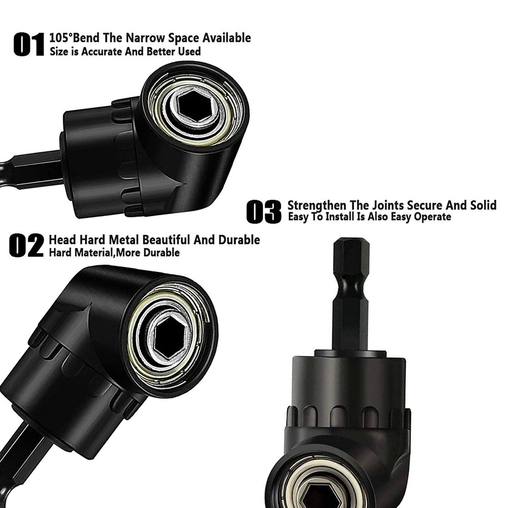 Flexible Drill Bit Extension Set with Right Angle Attachment, 360° Rotatabl