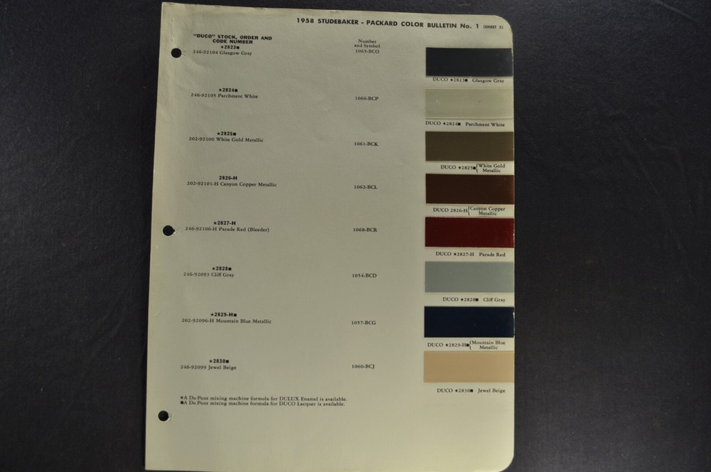 1958 Studebaker Packard Paint Chips Sheets Hawk President Commander Truck 58