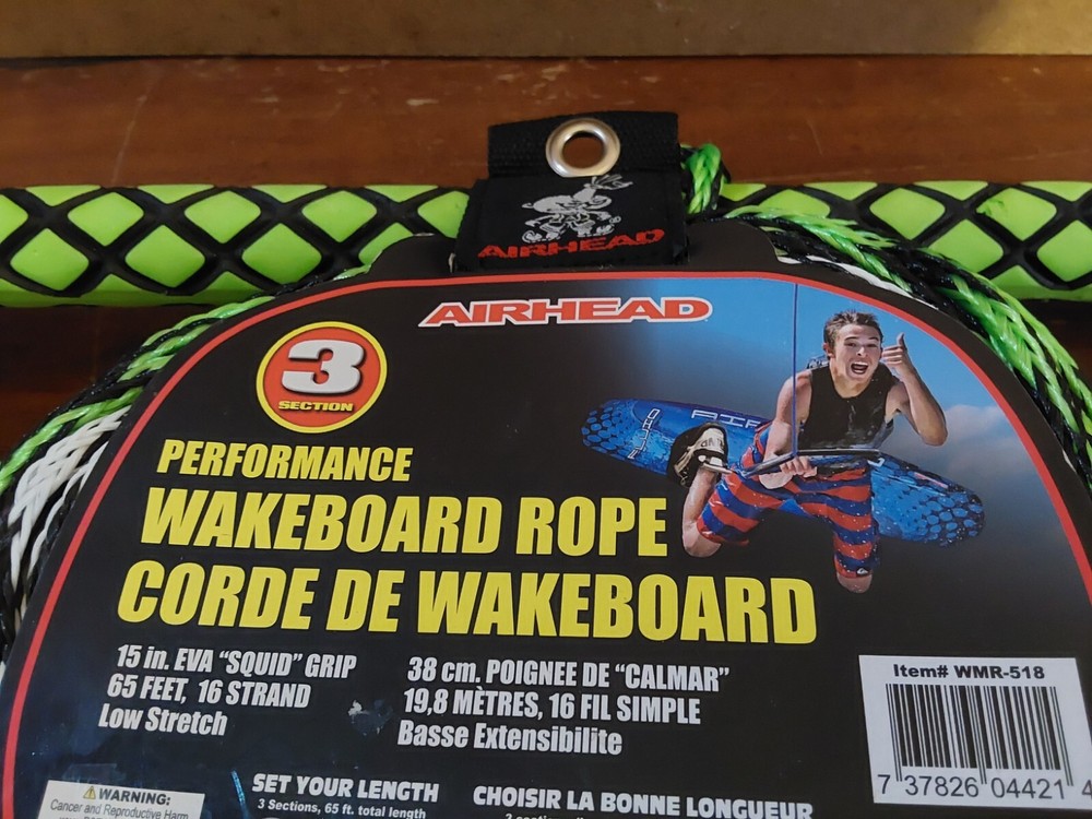 Airhead 3 Section Performance Wakeboard Rope Custom 65' - 15" Handle Low Stretch