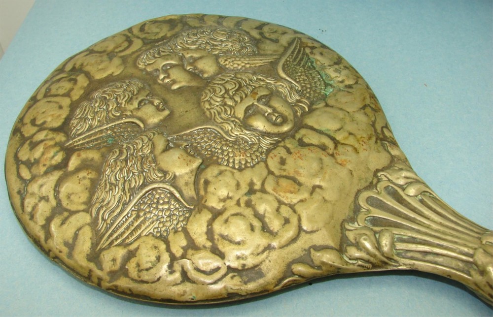 Vintage Victorian Rustic Putti Angels Hand Mirror