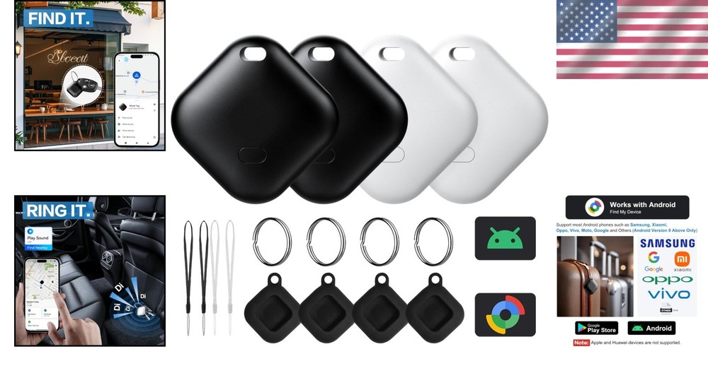 4-Pack Android Bluetooth Tracker Set with Cases | Waterproof Item Finder