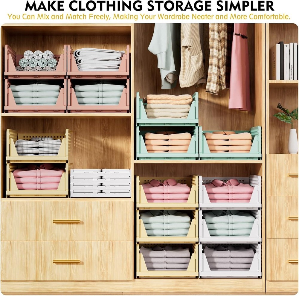 5 Pack Stackable Closet Storage Basket, Multifunctional & Foldable Closet Organi