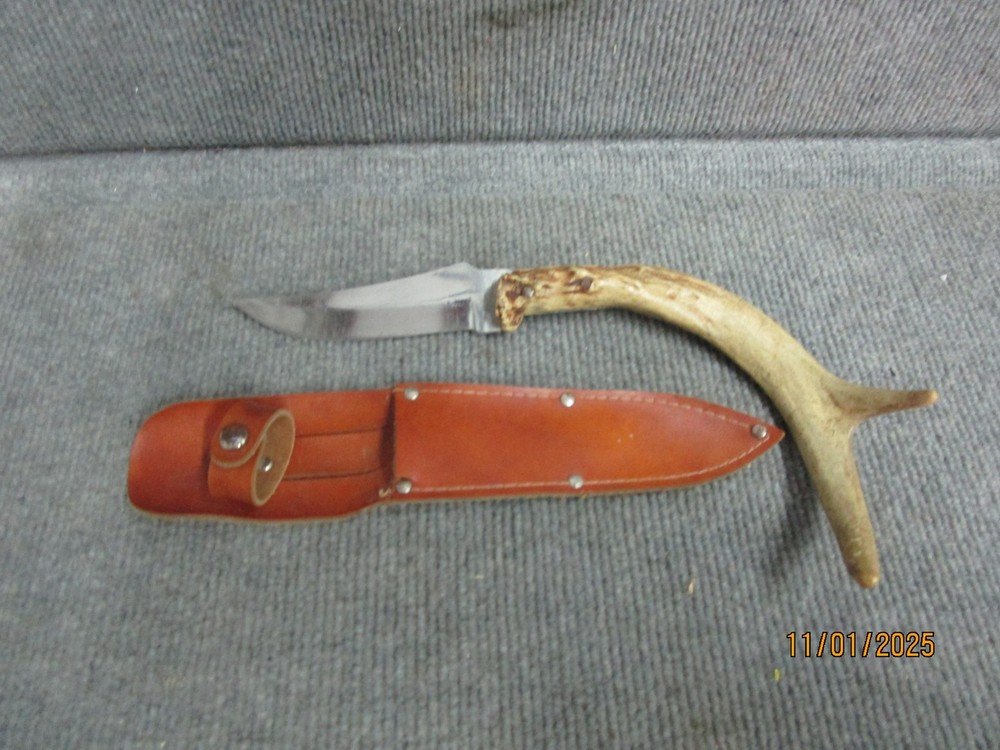 Antler Fixed Blade Handmade Knife w Leather Sheath