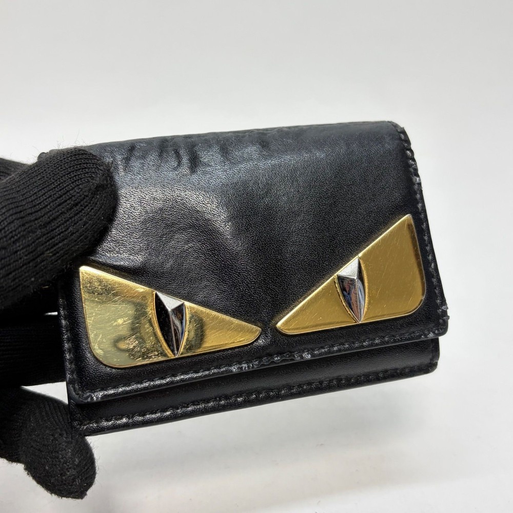FENDI Three-Fold Wallet Monster Compact Wallet Leather Black