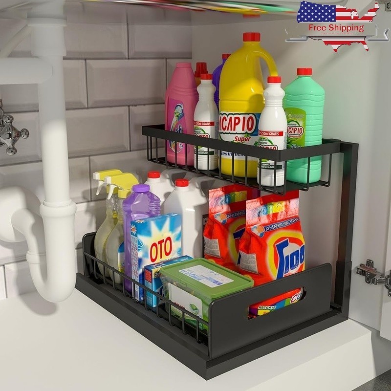 L Shaped Under Sink Organizer Sliding Storage Rack Multi Purpose Shelf New