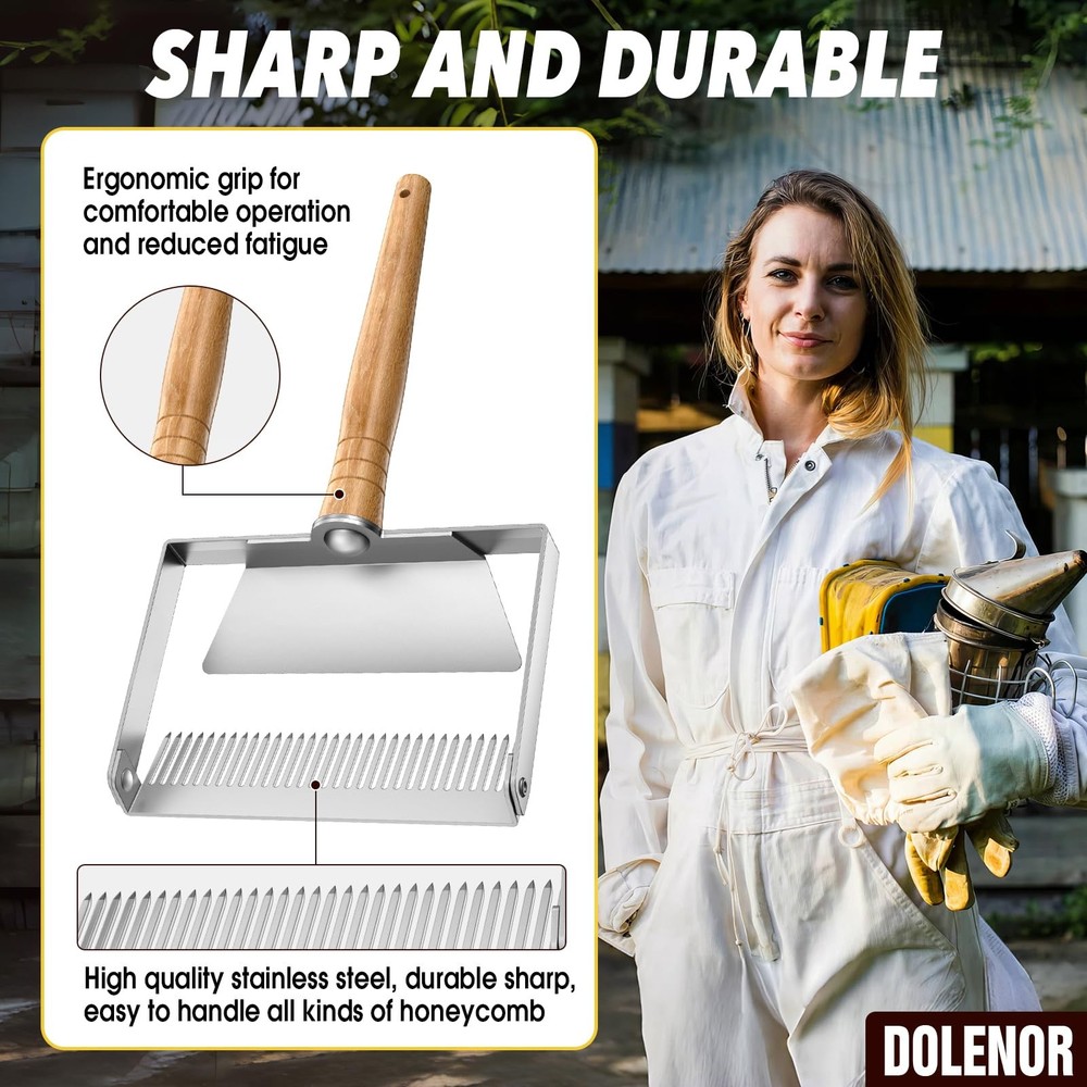 Honey Uncapping Fork Scraper 2-in-1 Stainless Steel Wooden Handle Adjustable