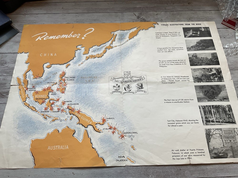 ORIGINAL WWII USAAF 347TH FIGHTER GROUP MAP / PRE UNIT HISTORY FOLDER