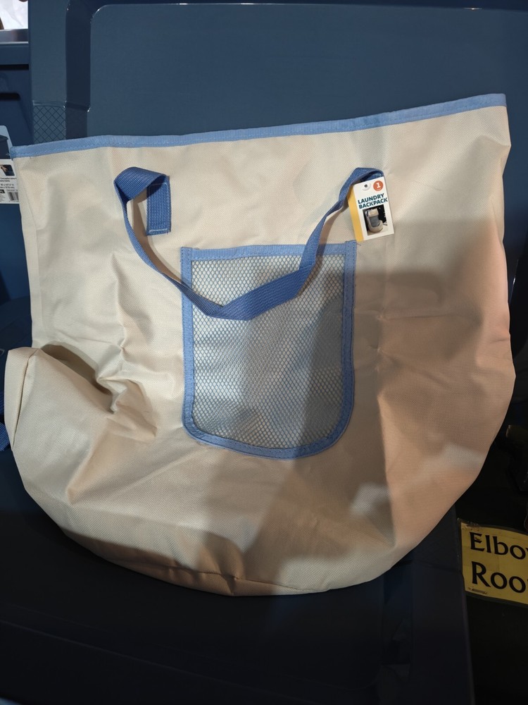 W3- Laundry Backpack Cream/Blue Top Handles & Back Straps Drawstring Closure