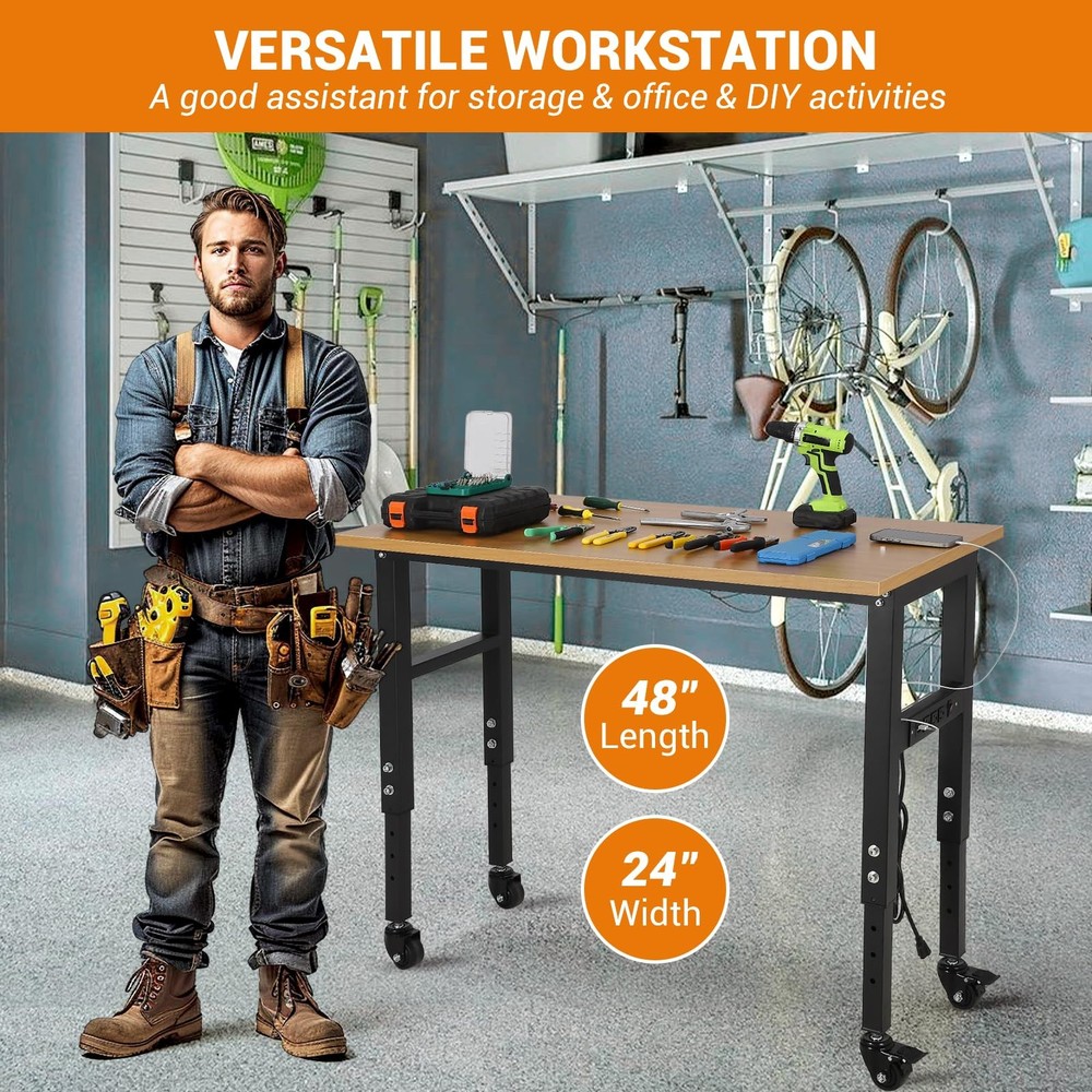 48" Adjustable Workbench, with Power Outlets Lockable Wheels Workshop 2000 Lbs