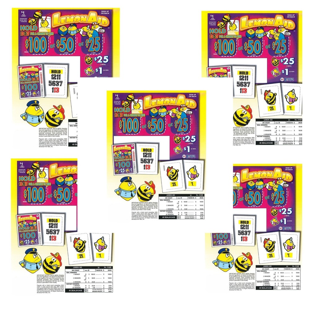 Pull Tab Ticket- Hard Card - Game- 5 Pack Lemon Aid - 240 ct ea