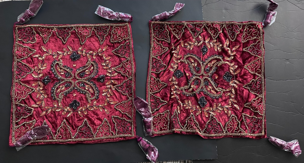 ONE coffee table runner & TWO end table covers, Middle Eastern, burgundy & gold