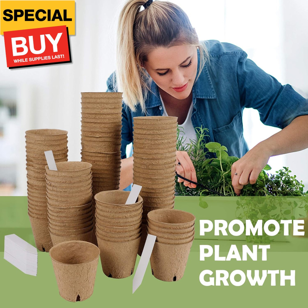 100 Pack Seed Starter Tray Kit, Biodegradable Peat Pots for Seedling with 100 Pl