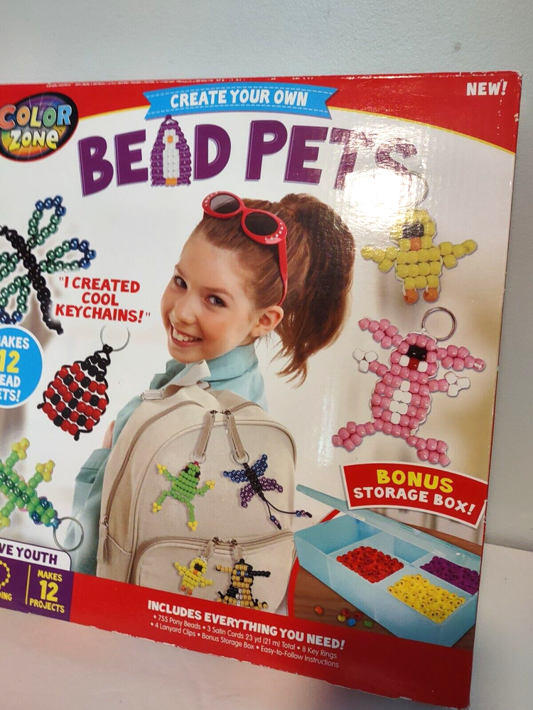 Color Zone BEAD PETS Kit - Makes 12 Projects w/ Storage Box - Unopened