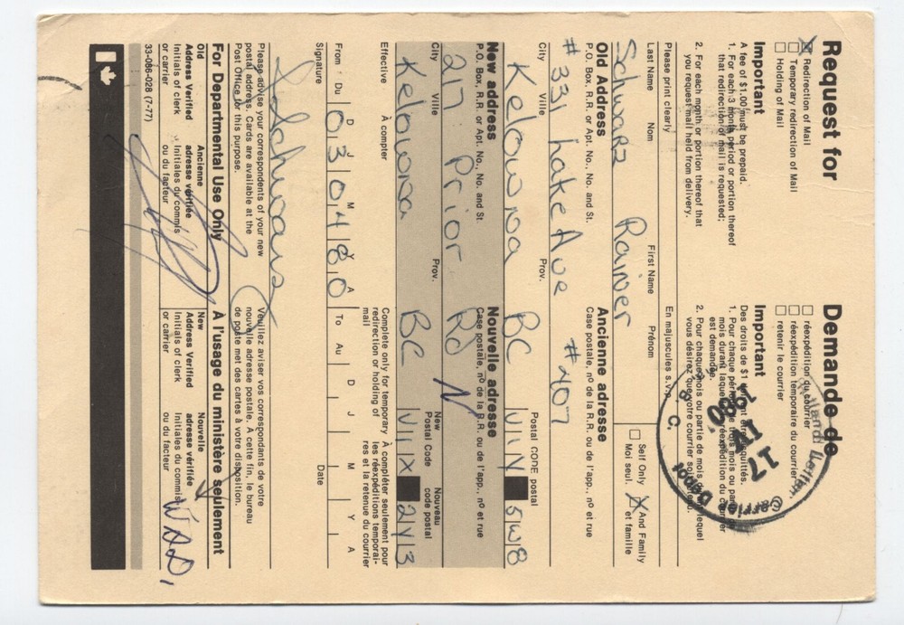 1980 Canada postal form request for redirection with $1 #726 [6579.8]