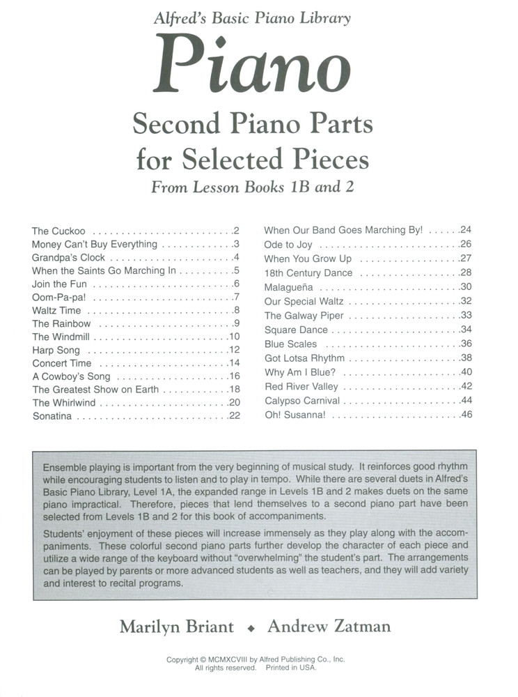 Alfred's Basic Library Second Piano Part Selected Pieces Lesson Books 1B and 2