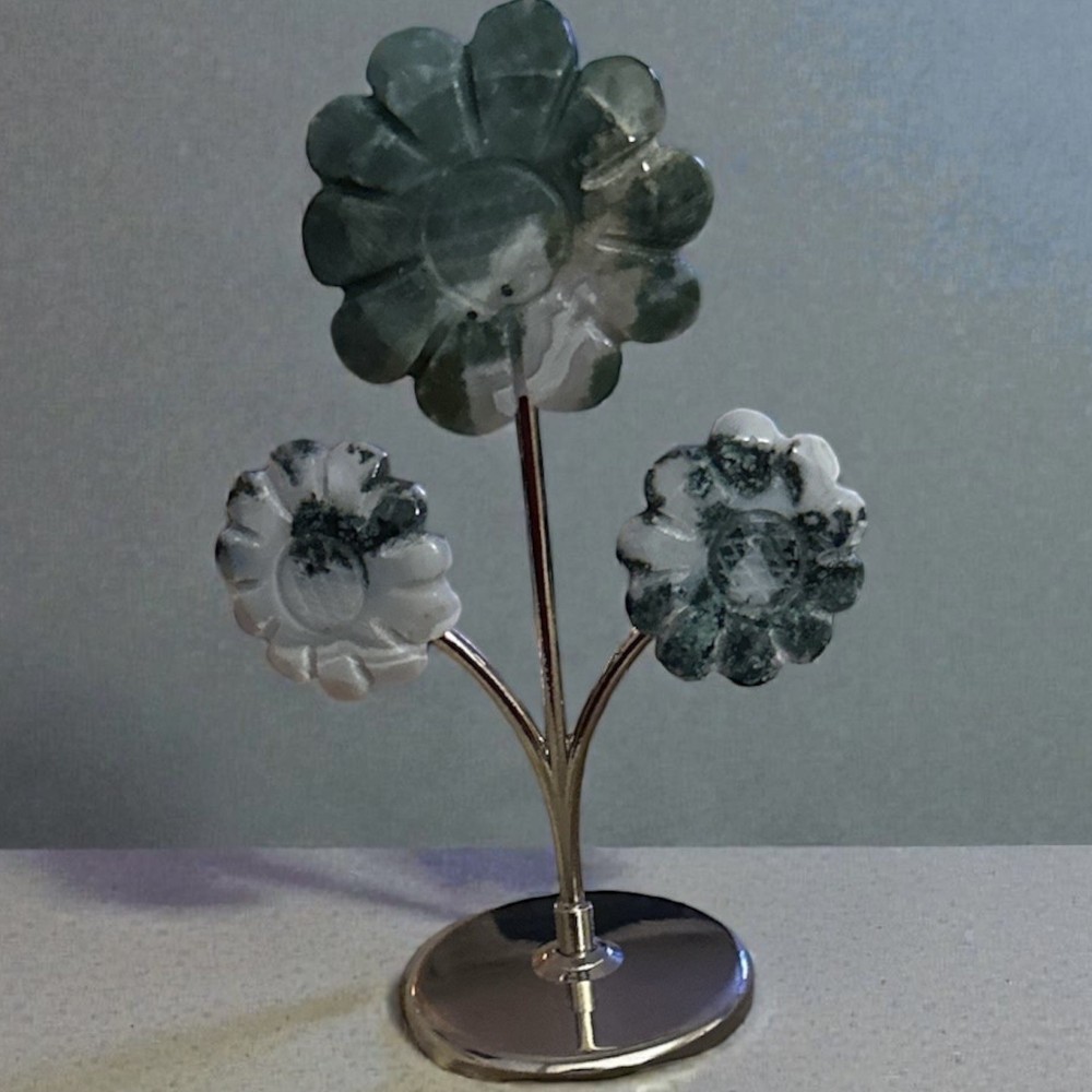 Moss Agate Crystal Carving 3 Stem Flower Bunch