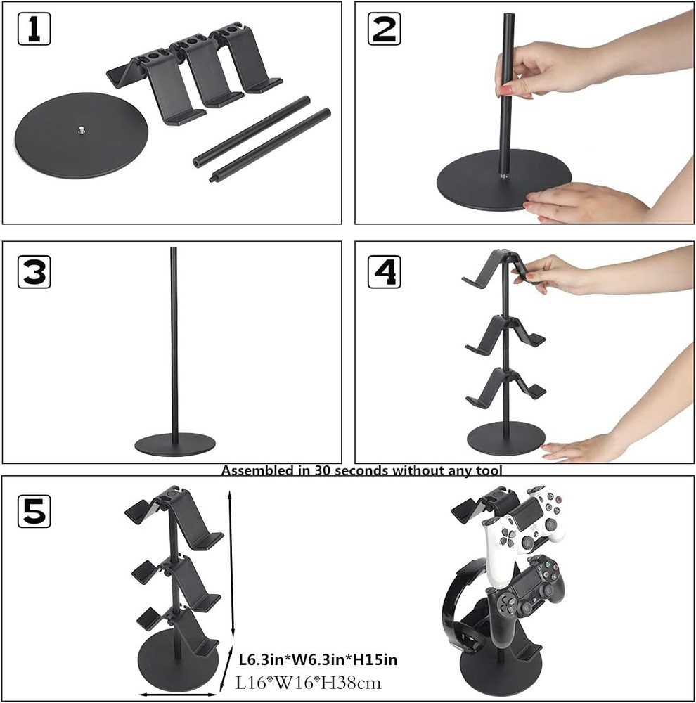 3 Tier Controller and Headphone Stand Adjustable Gaming Organizer Black