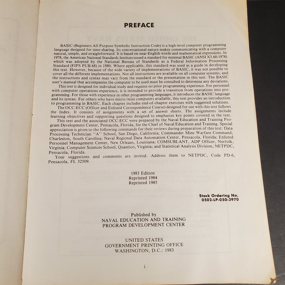 Introduction to Programming in Basic 1983 Navedtra 10079-2 Naval Education PB