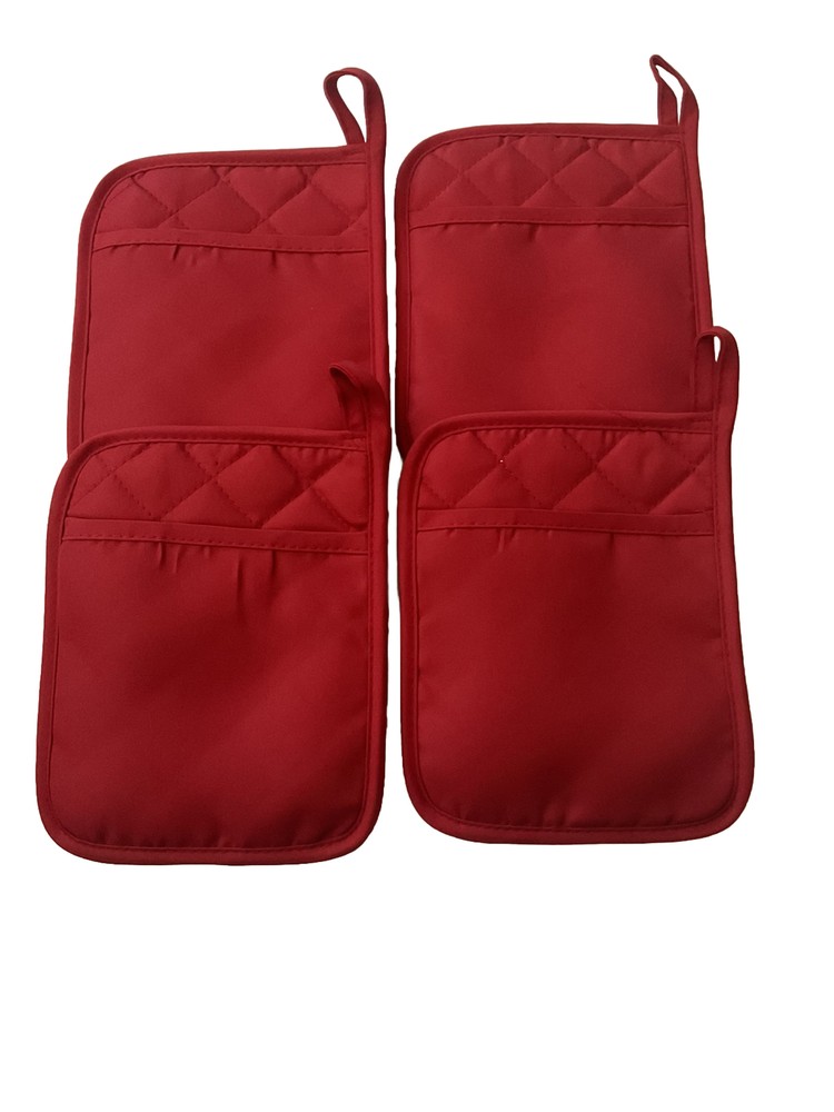 4-RED Pocket Pot Holders With Black Foam Rubber Coated Backing 100% Polyester.