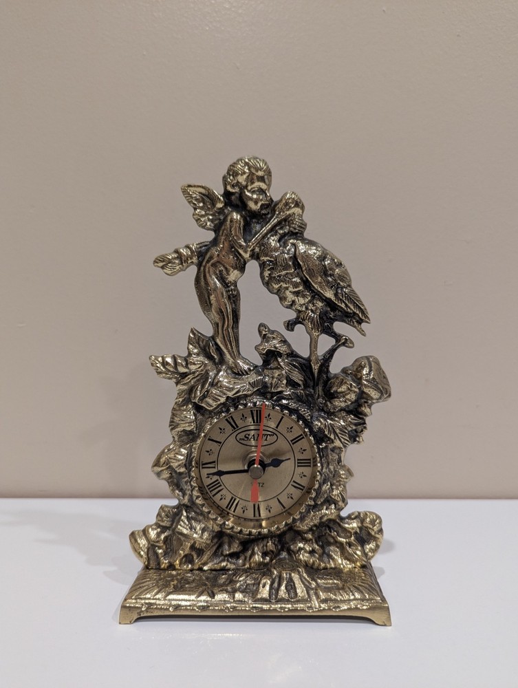 Cupid And Stork Brass Decorative Mantle/Table Clock - Working Condition