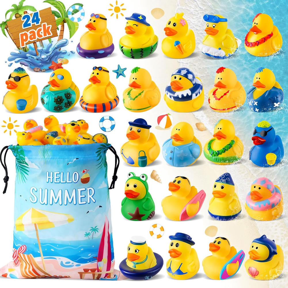 24 Pcs Summer Rubber Ducks Set for Beach, Bath, and Pool Fun